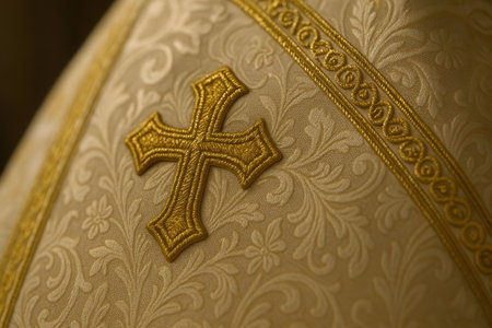 Golden embroidered orthodox cross on ornate liturgical vestment symbolizing faith and tradition in christian religious ceremony.の素材