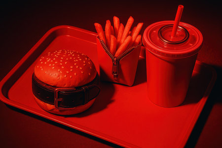 Conceptual fast food meal with burger, fries, and drink on tray under red lighting, burger wrapped with belt, fries in zippered packet.の素材