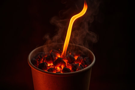 Creative fast food cup filled with burning coals and a flame, featuring unusual non edible ingredients in a dramatic composition.の素材