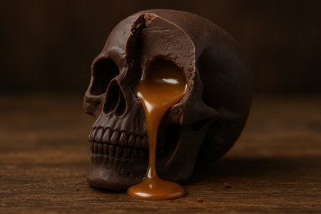Dark chocolate skull filled with decadent caramel sauce oozing out, placed on rustic wooden background, close up horror concept.の素材