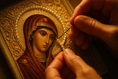 Handcrafting religious icon embroidery with delicate beadwork depicting a serene madonna in warm, golden lighting.の素材