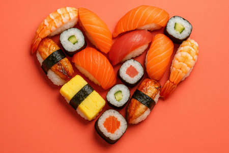 Assorted sushi pieces arranged in a heart shape on a vibrant orange background symbolizing love for japanese cuisine.の素材