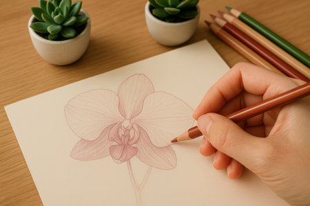 Artist sketching orchid flower with colored pencils on paper, creative botanical drawing process, relaxing indoor desk scene.の素材