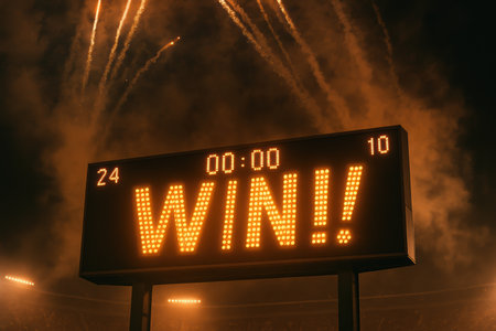 Scoreboard displaying win message with fireworks celebration at night sports stadium after exciting final game victory.の素材