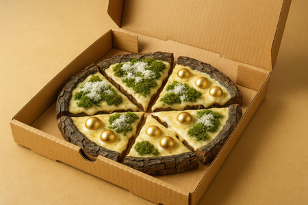Gourmet pizza with creamy cheese, green herbs, golden spheres, and rustic wooden crust in cardboard box on beige background.の素材