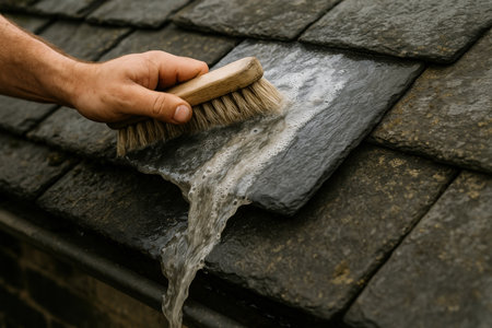 Hand cleaning roof shingles with soap and brush, removing dirt and debris under running water during maintenance process.の素材