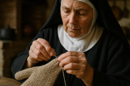 Elderly nun knitting wool mitten by hand, focused woman creating warm clothing in peaceful indoor environment.の素材