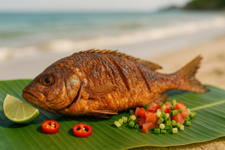 Whole grilled fish served on banana leaf with fresh lime, chili peppers, and diced vegetables by the tropical seaside.の素材