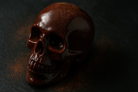 Realistic dark chocolate human skull on black background dusted with cocoa powder in dramatic low key lighting.の素材