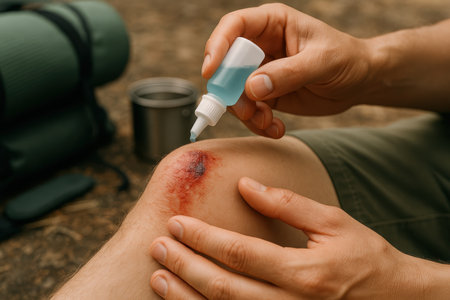 Person treating knee wound with antiseptic outdoors during hiking, focusing on first aid care and outdoor emergency preparedness.の素材
