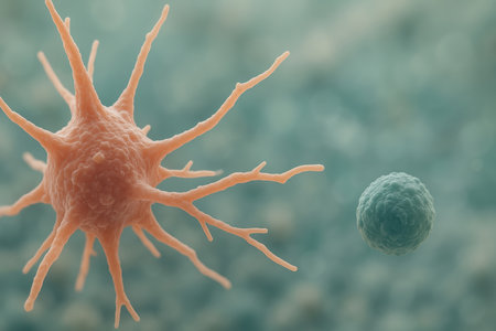 Microscopic view of immune cell attacking pathogen in the human body illustrating cellular defense mechanism and disease response.の素材
