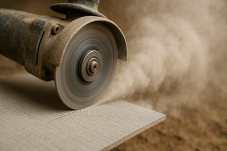 Industrial angle grinder cutting ceramic tile, creating dust and showcasing precision in construction and renovation work.の素材
