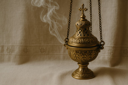 ornate brass orthodox censer with rising incense smoke in religious setting, symbolizing spirituality and sacred tradition.の素材