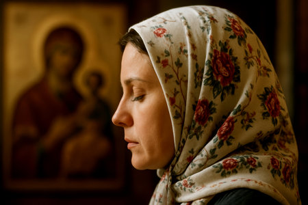 Devout orthodox woman with floral headscarf in prayer, blurred religious icon background, peaceful faith and spirituality theme.の素材
