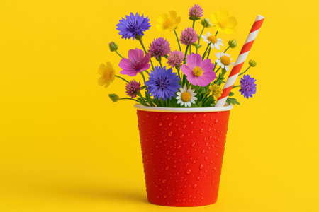 red plastic cup filled with vibrant wildflowers and a striped straw against a bright yellow background, symbolizing summer freshness.の素材