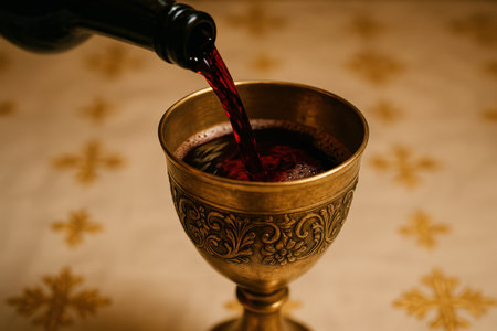 Ornate chalice filled with red wine symbolizing orthodox christian eucharist ritual on decorated liturgical altar cloth.の素材