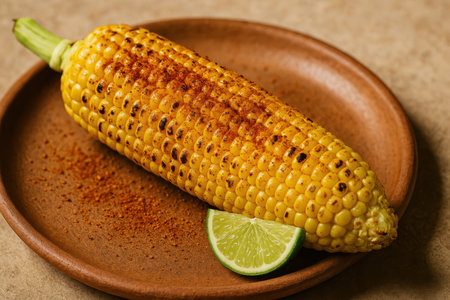 Grilled corn on the cob with chili powder and fresh lime wedge served on a rustic brown plate for a flavorful snack.の素材
