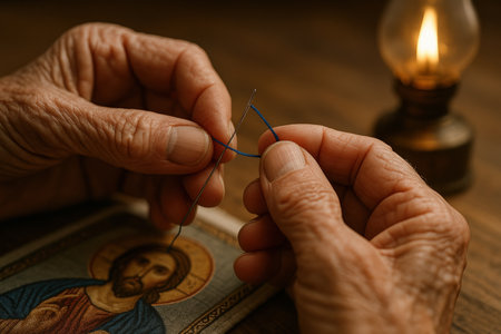 Elderly hands threading needle by warm lamp light beside religious icon, showcasing patience and careful craftsmanship.の素材