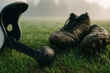 Mud covered cleats and helmet resting on dew covered grass field during early morning sports practice.の素材
