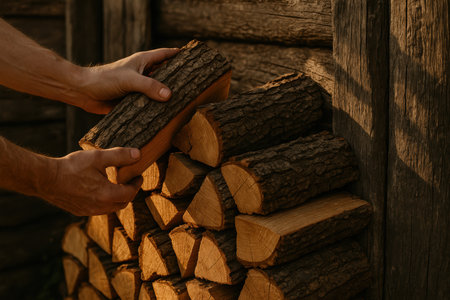 Hands stacking cut firewood logs outside a rustic wooden cabin wall in warm evening sunlight, preparing for colder weather.の素材