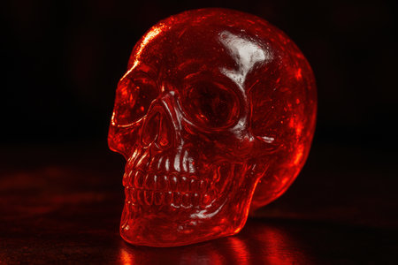 Translucent red skull sculpture illuminated in dramatic lighting, showcasing detailed bone structure and glossy surface texture.の素材