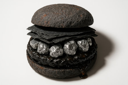 Dark gourmet hamburger with black bun, glossy patty, metallic textured toppings, and artistic minimal presentation on white background.の素材