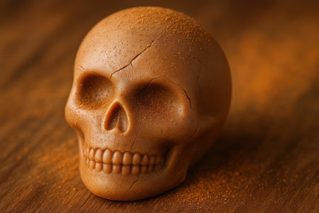 realistic chocolate skull with light cocoa dusting on textured wooden surface in warm ambient lighting for halloween decor.の素材