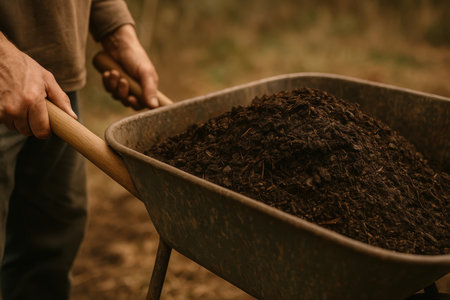 Gardener transporting rich organic compost in a wheelbarrow for soil enrichment during sustainable agricultural work outdoors.の素材