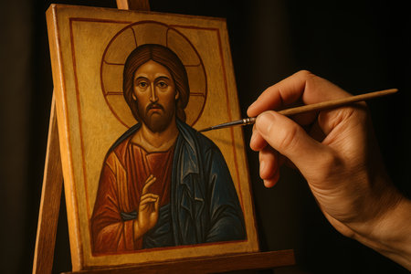 Artist hand carefully painting a traditional religious icon of jesus christ in warm ambient light on wooden panel.の素材