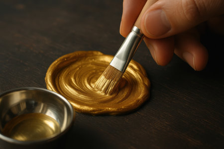 Hand carefully applying metallic gold paint onto melted wax seal on dark wooden surface using fine brush for decorative effect.の素材
