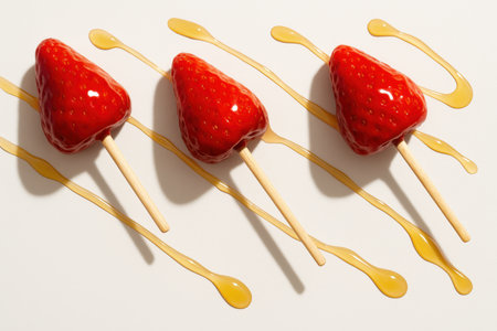 Fresh ripe strawberries on sticks drizzled with golden honey, arranged on a white background in a creative minimal food concept.の素材