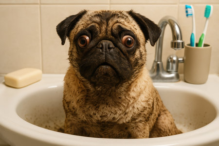 Cute pug dog sitting alert in a bathroom sink during bath time, wet and muddy with expressive face, soap and toothbrushes visible.の素材