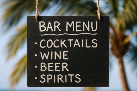 Chalkboard bar menu with handwritten cocktails, wine, beer, and spirits list hanging outdoors against sunny palm tree background.の素材