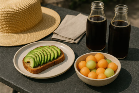 Fresh avocado toast with melon and black coffee served outdoors on a stone table beside a straw hat in natural sunlight.の素材