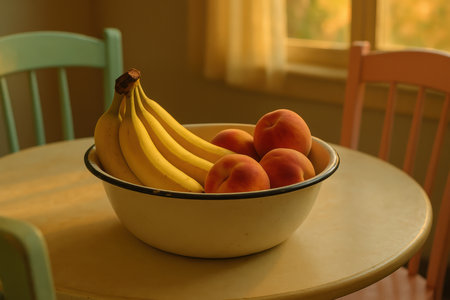 ripe bananas and peaches in a white bowl on a round table with colorful chairs in warm natural morning sunlight.の素材