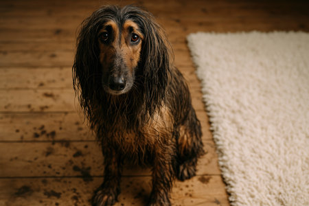 Wet long haired dog sitting on wooden floor with muddy fur beside a white rug after playing outdoors on a rainy day.の素材