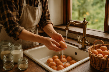 Woman washing fresh brown eggs at kitchen sink with running water during morning food preparation in rustic farmhouse setting.の素材