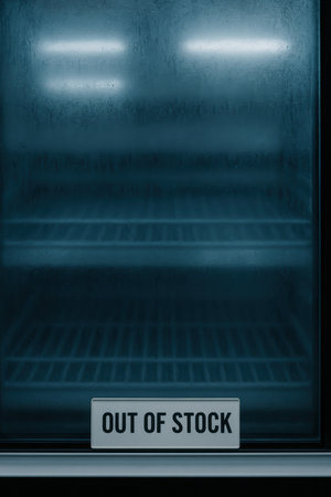 Empty refrigerated display case with illuminated shelves and condensation, labeled with out of sign in grocery environment.の素材