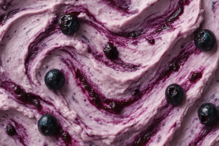 Creamy blueberry yogurt swirl with fresh berries and vibrant purple textures, healthy summer dessert snack closeup top view.の素材