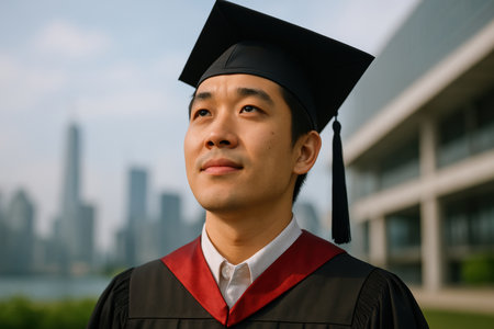 Confident young asian man in graduation cap and gown outdoors, contemplating future with city skyline in background.の素材