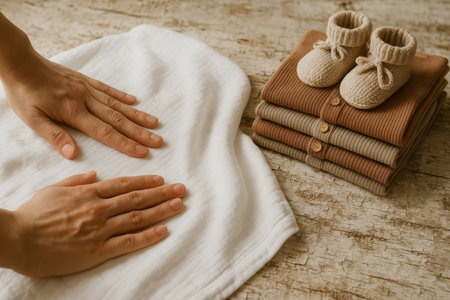 Hands gently folding soft white baby blanket near stack of infant clothes and knitted booties on rustic wooden surface.の素材