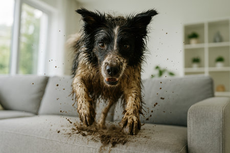Energetic muddy dog jumping onto a modern living room sofa, spreading dirt with playful enthusiasm indoors.の素材