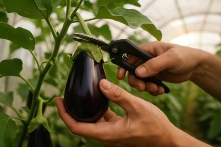 Gardener harvesting ripe eggplant using pruning shears in greenhouse, close up of hands and lush green leaves.の素材