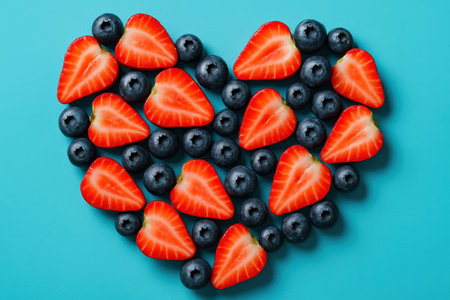 Sliced strawberries and whole blueberries arranged in a heart shape on a blue background symbolizing healthy eating and love.の素材