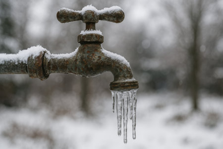 Frozen outdoor metal faucet with hanging icicles during winter, showcasing extreme cold and frost in a snow covered environment.の素材