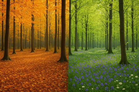 Dense forest divided by autumn and spring, featuring orange foliage on one side and vibrant green trees with wildflowers on the other.の素材