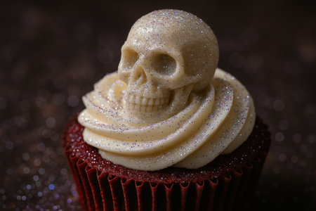 Chocolate cupcake topped with a white edible skull and glittery frosting swirl against a dark sparkling background for halloween.の素材