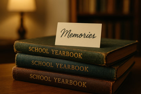 Memories card resting on a stack of vintage school yearbooks in warm library atmosphere with nostalgic lighting.の素材