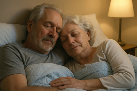 Senior couple peacefully sleeping together in bed under cozy blankets with soft lamp light in a calm and restful bedroom setting.の素材