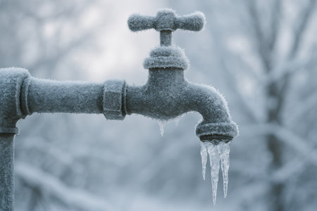 Outdoor metal water faucet covered in frost with icicles forming in cold winter weather, representing freezing temperatures.の素材